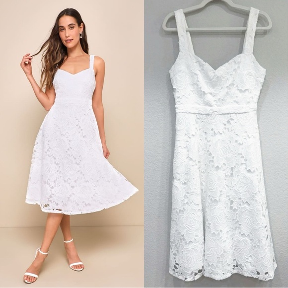 NWT Lulus Divine Beauty White Lace‎ Midi Dress With Pockets - Picture 1 of 9